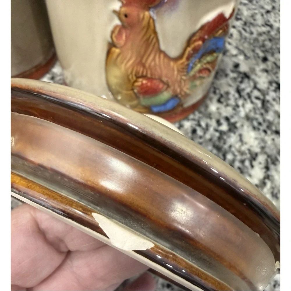 Vintage Rooster Chicken Canister Set of 3 Glazed Pottery Farmhouse Grandma Core